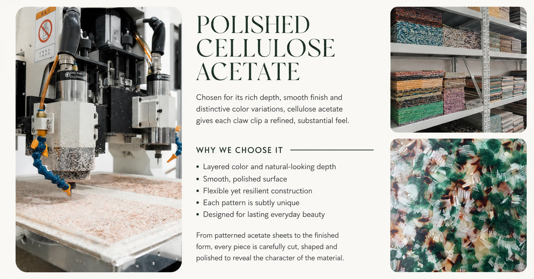 Polished cellulose acetate — rich depth, smooth finish, distinctive color