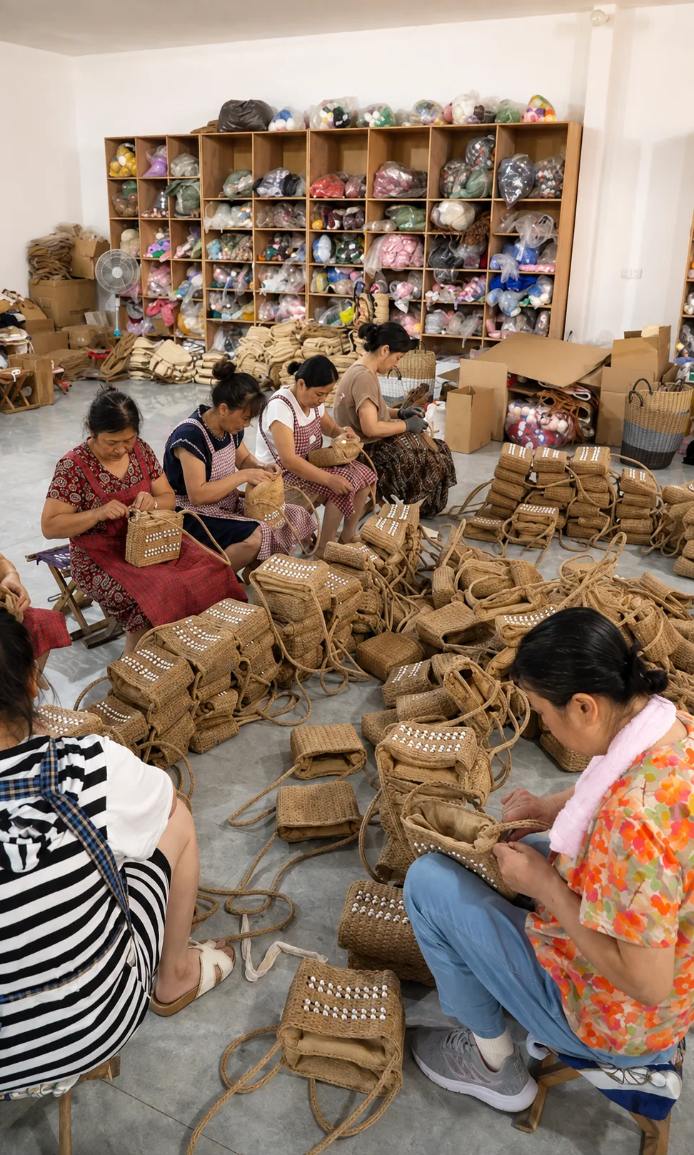 Artisans hand-assembling woven paper-straw bags on the workshop floor