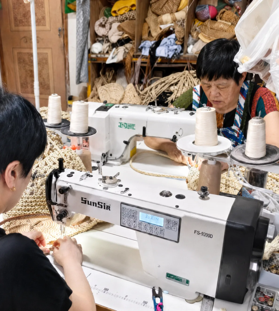Industrial sewing finishing woven paper-straw panels and straps