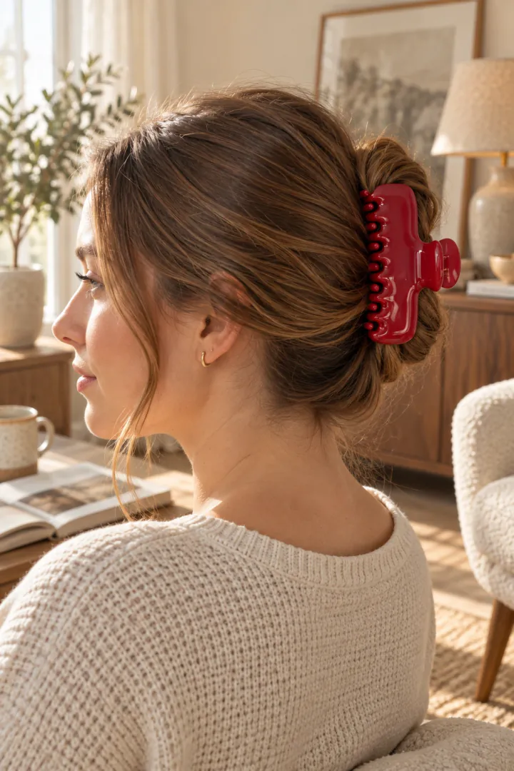 Cherry Red claw in a low bun