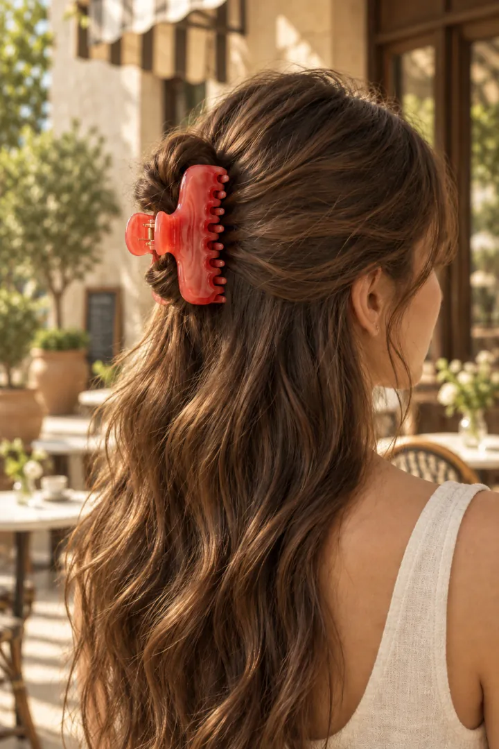 Polished red claw in a low twist, worn outdoors