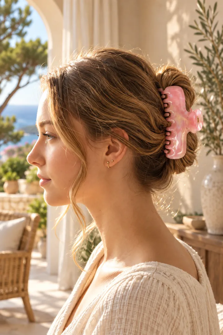 Blush Pink claw in a low bun