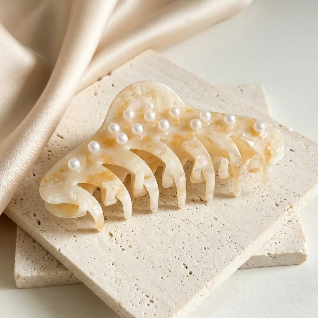 Porcelain Pearl claw clip — still life