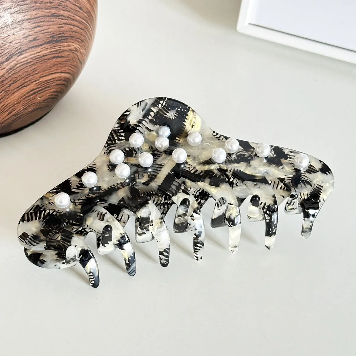 Seven Pearl Cascade acetate claw clips with scattered pearls