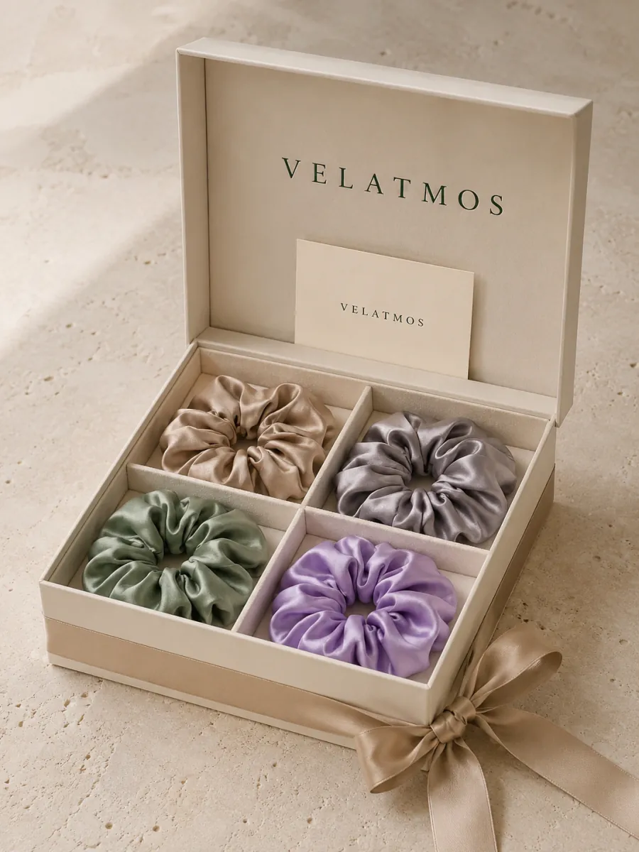 Open Velatmos ivory gift box with silk scrunchies on a soft stone surface