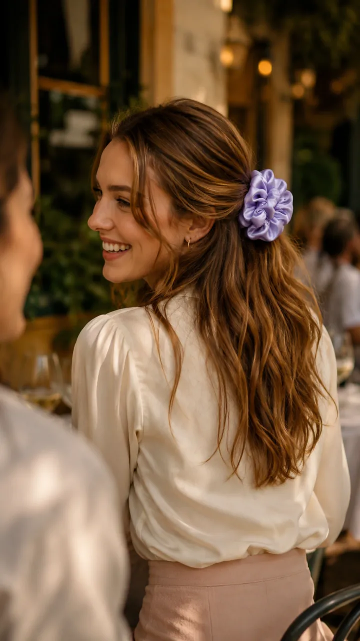 SoftLustre Pleated Mulberry Silk Scrunchie on real hair 4