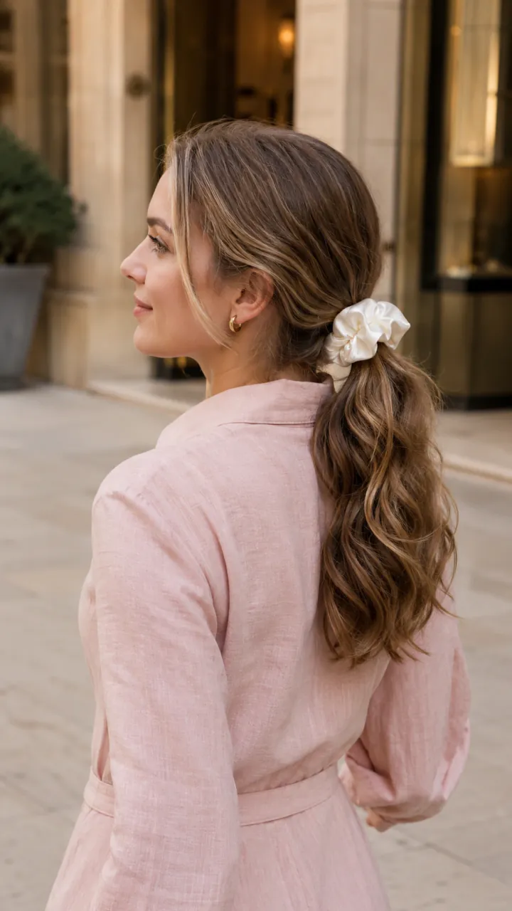 SoftLustre Pleated Mulberry Silk Scrunchie on real hair 5