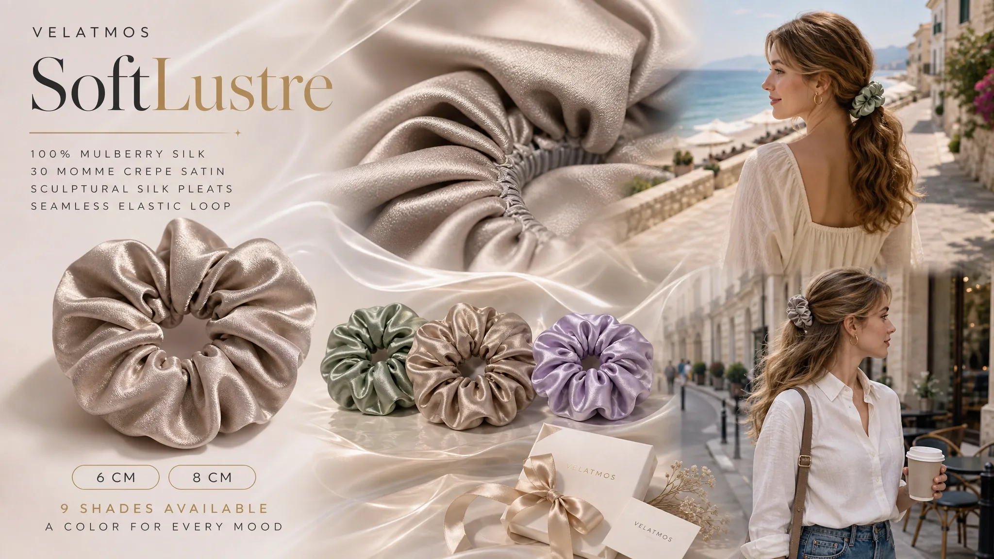 SoftLustre Pleated Mulberry Silk Scrunchie — soft silk editorial scene