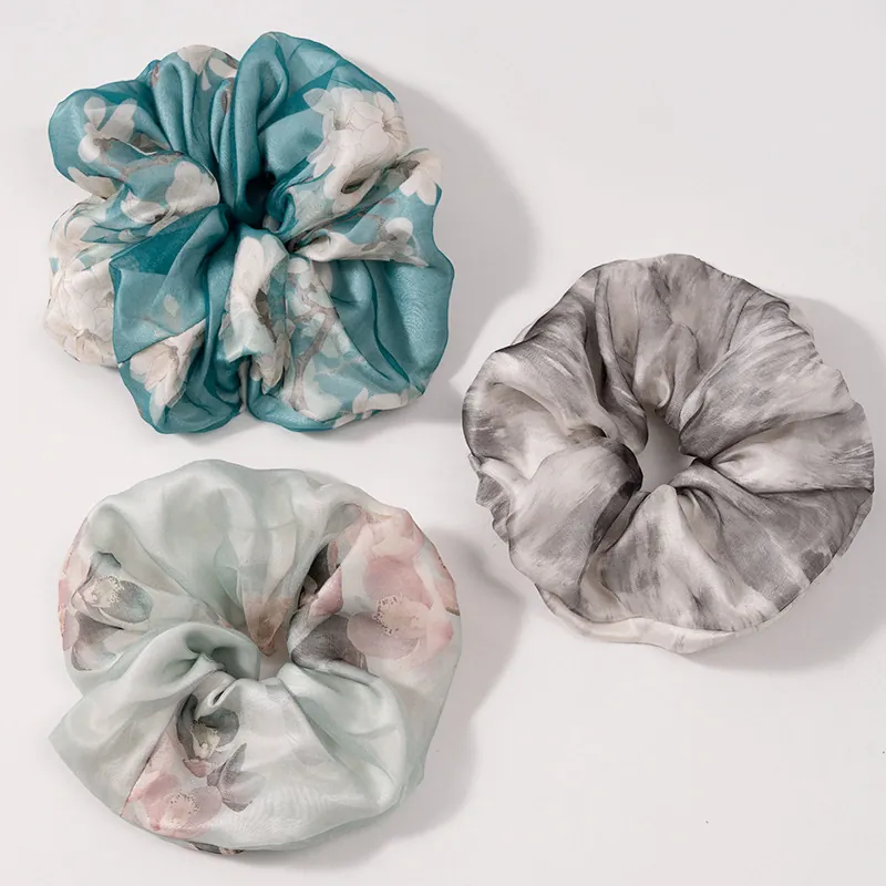 Monet Floral, Lotus Pond Moonlight, and Grey Oil Painting ArtBloom dual-layer silk organza scrunchies
