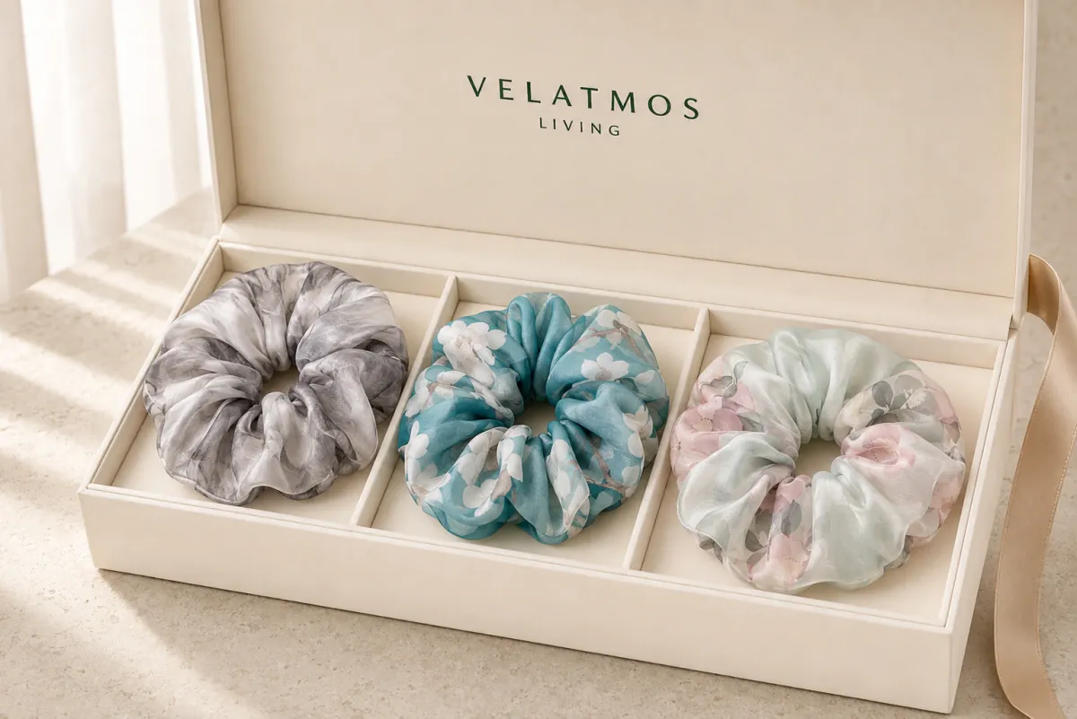 ArtBloom Dual-Layer Silk Organza Scrunchie presented in a Velatmos gift box