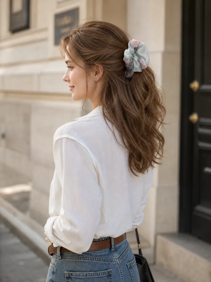 ArtBloom Dual-Layer Silk Organza Scrunchie on real hair 1