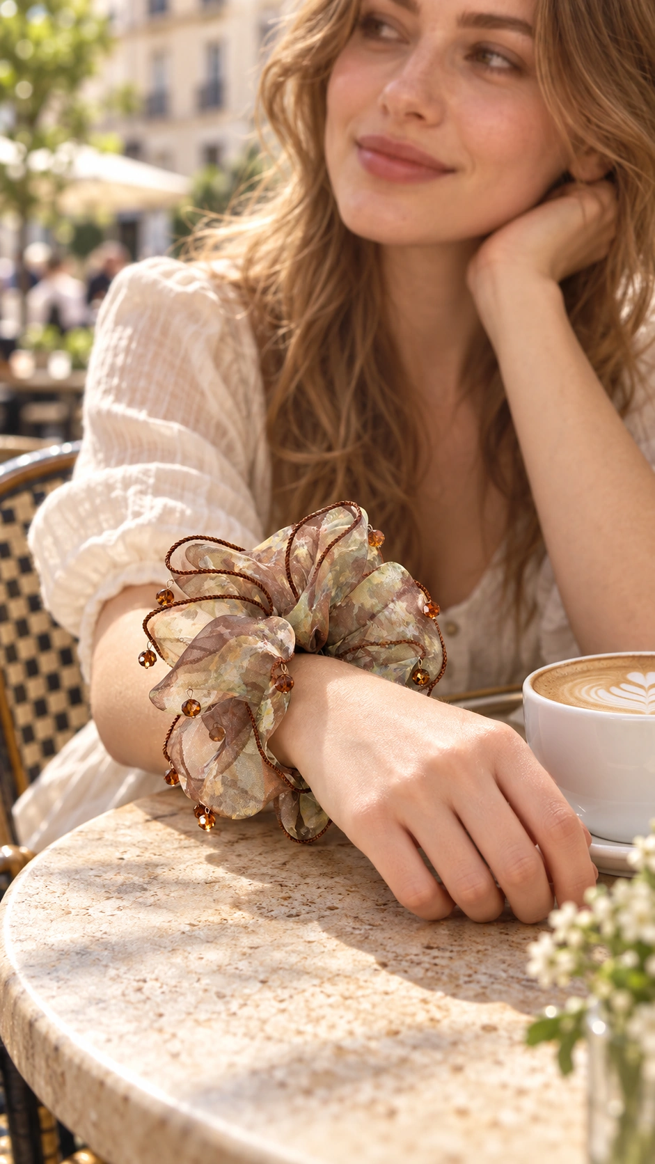 Green-coffee print statement scrunchie styled as a lightweight hair accent