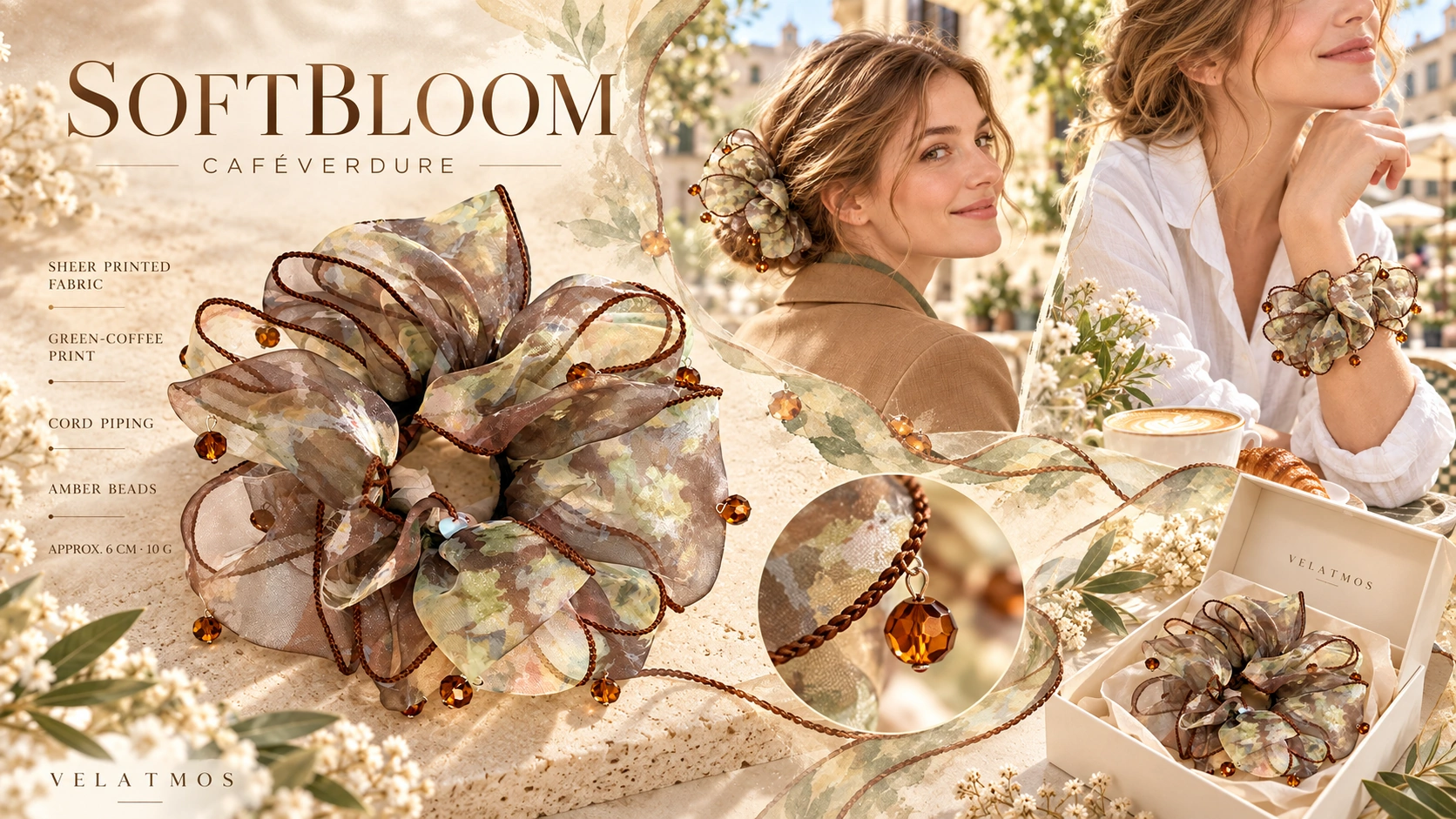 SoftBloom CaféVerdure Statement Scrunchie — green-coffee print editorial