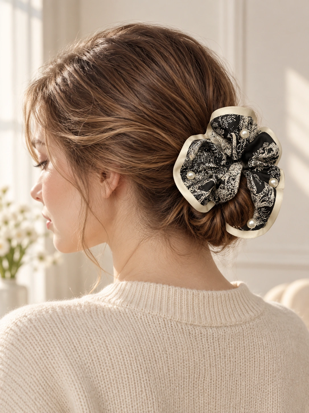 SoftBloom InkPearl statement satin scrunchie in a soft bun