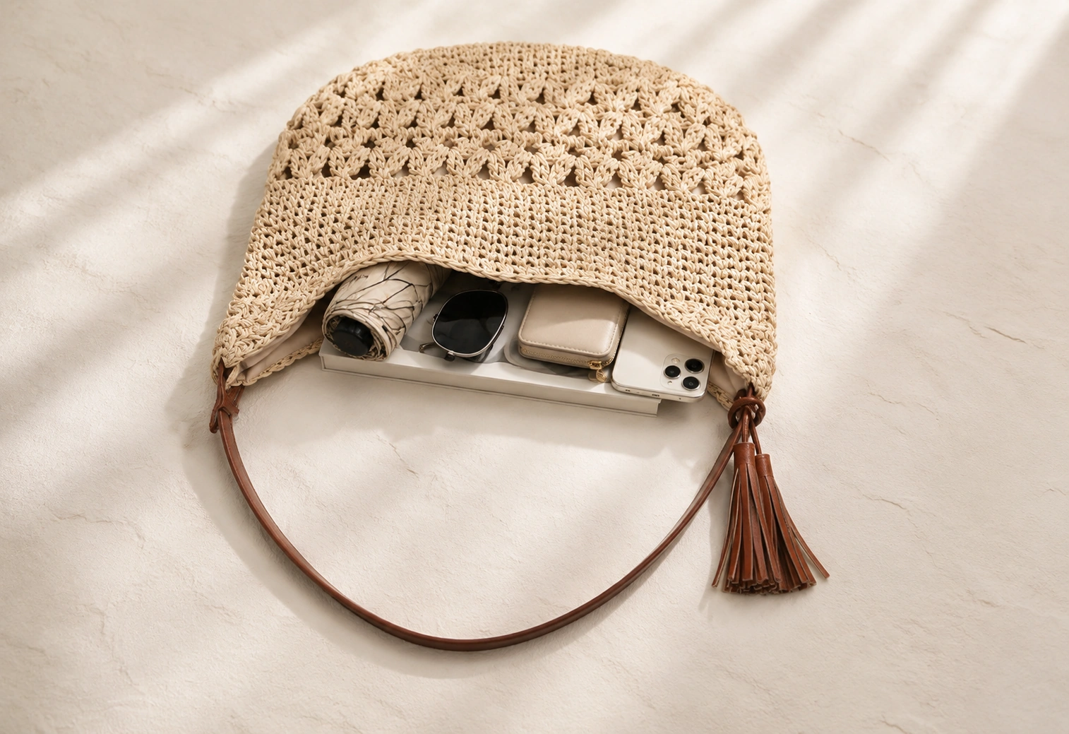 Everyday essentials packed in the open woven bag