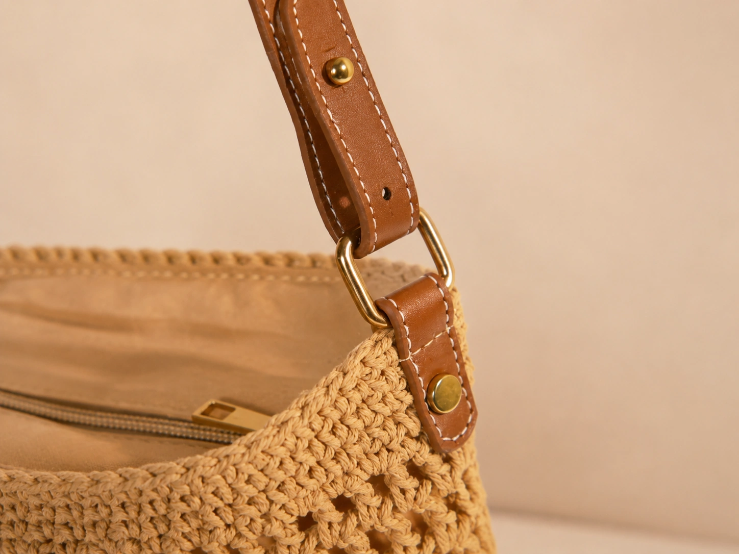Adjustable caramel PU strap with contrast stitching