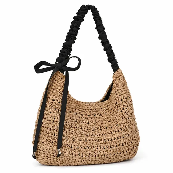 Noire bow openwork woven hobo bag